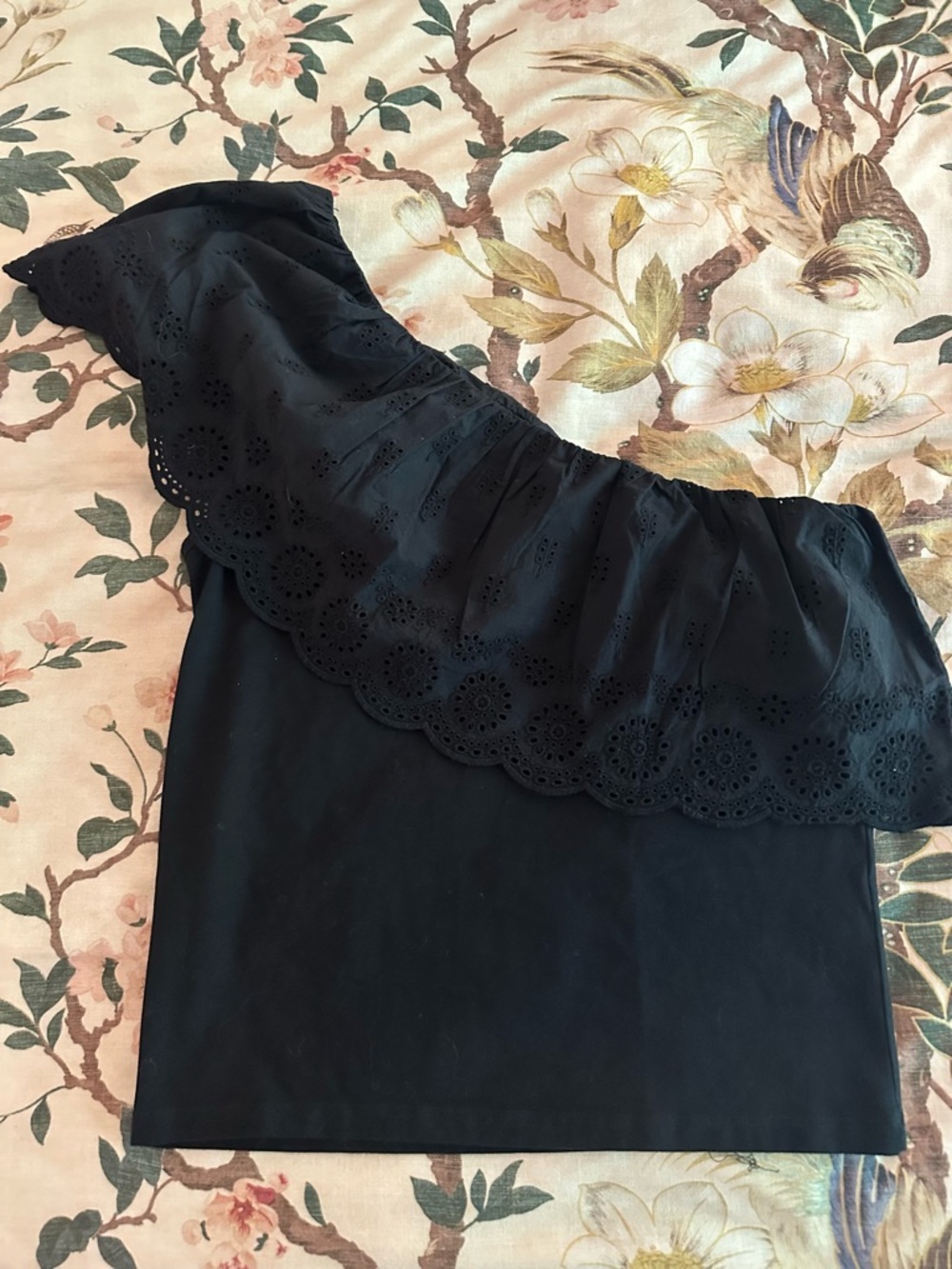 French Connection Black One-Shoulder Eyelet Ruffle Cotton Top- Size M